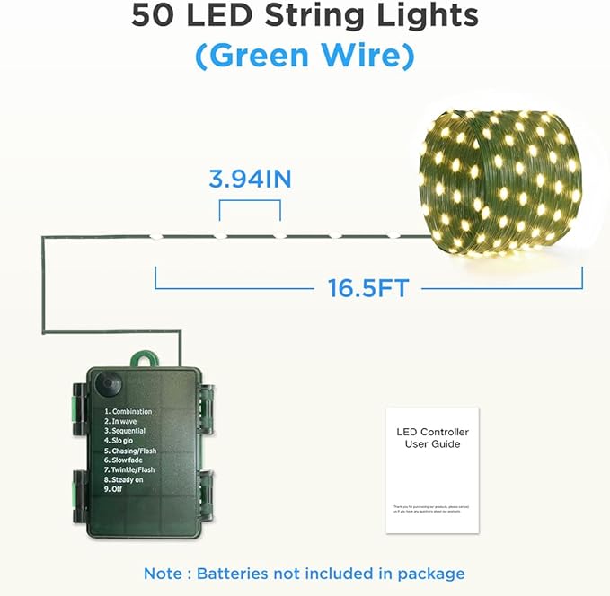 16.5ft Battery Operated String Lights, 50 LED Twinkle Fairy String Lights Battery Powered with Timer for Indoor Outdoor Christmas Trees Wreath Decoration Party Bedroom - Warm White