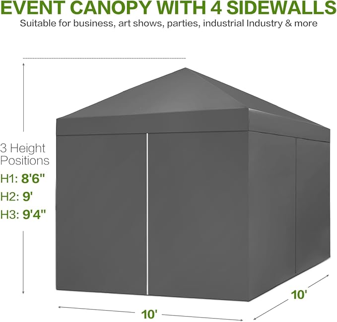 10X10 Comercial Pop Up Canopy Tent with 4 Sidewalls and 6 Pockets, One Push Setup Center Lock, for Beach Patio Outdoor, Case, 8 Stakes, 4 Ropes, 4 Sandbags (Charcoal Grey)