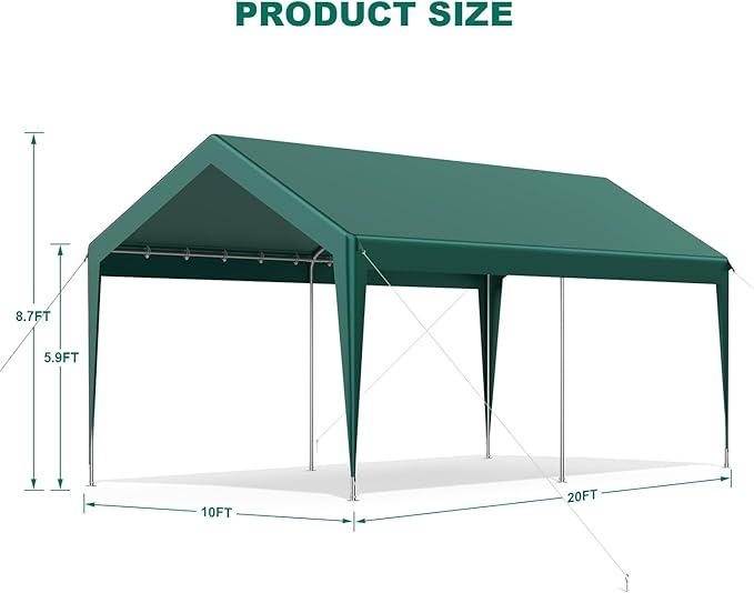 10x20FT Heavy Duty Portable Carport - All-Weather Enclosed Shelter for Cars, Trucks, SUVs & Boats, Waterproof & UV-Resistant Canopy with Removable Sidewalls, Doors, Ground Stakes (Green)