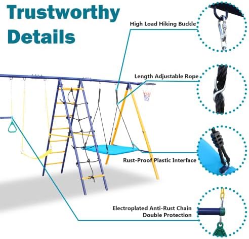 7 in 1 Swing Set for Kids Backyard Outdoor A-Frame Heavy-Duty Metal Swing Sets with Slide, 2 Swing Seats, 1 Climbing Net & Ladder, 1 Gym Ring, 1 Basket, Blue, HK-S026-A