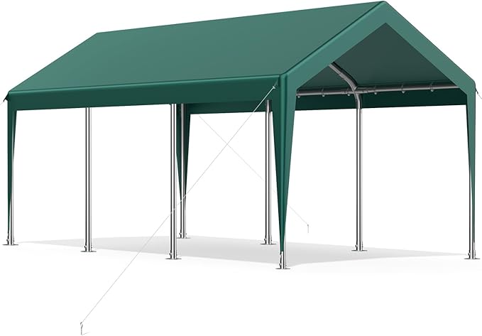 10x20FT Heavy Duty Portable Carport - All-Weather Enclosed Shelter for Cars, Trucks, SUVs & Boats, Waterproof & UV-Resistant Canopy with Removable Sidewalls, Doors, Ground Stakes (Green)