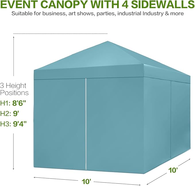 10X10 Comercial Pop Up Canopy Tent with 4 Sidewalls and 6 Pockets, One Push Setup Center Lock, for Beach Patio Outdoor, Case, 8 Stakes, 4 Ropes, 4 Sandbags (Sky Cyan)