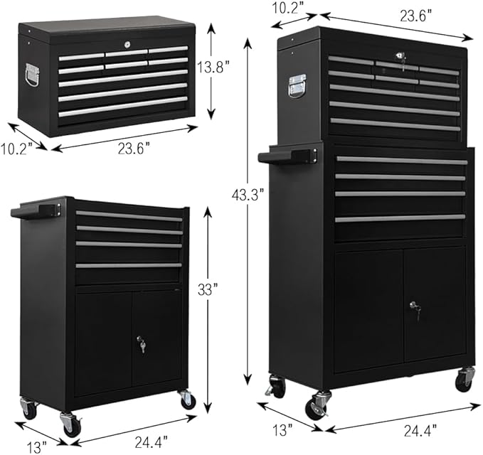 13-Drawer Tool Chest with Double Door Handle,2 in 1 Detachable Rolling Toolbox with Wheels and Drawers,Large Tool Box with Lock (Black)