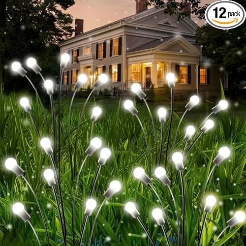 OZS 4 Pack Total 32 LED Solar Garden Lights Fairy Outdoor - Solar Firefly Lights Outdoor, Sway by Wind, Waterproof for Garden Patio Pathway Fairy Decoration (Cold White)