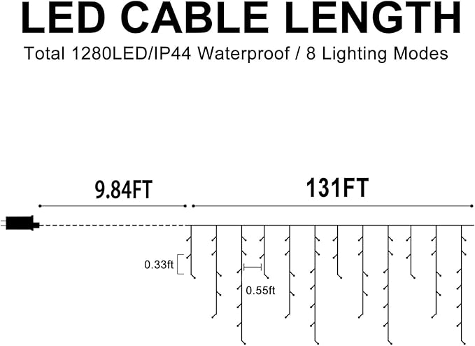 Heceltt Christmas Lights Outdoor, 1280 LED 131FT Ice Lights for Outside, 8 Modes Plug in 240 Drops Ice String Light with Timer Memory Function Hanging Light for Christmas Decor(Cool White)