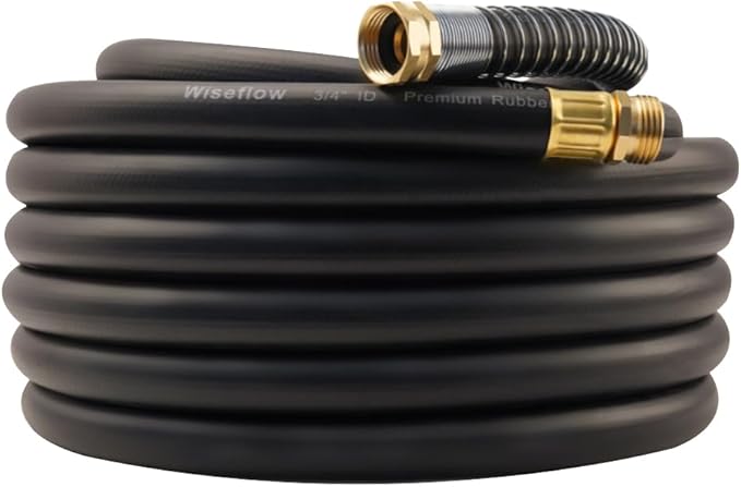 WiseFlow Garden Hose 50FT x 3/4, Heavy Duty Rubber Hose, Water Hose with Five Layered Braiding, Male Female Fittings, 1000PSI Burst, 300PSI Working (Black)