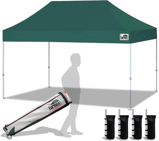 Eurmax USA Standard 10'x15' Patio Pop Up Canopy Tent Commercial Instant Canopies with Heavy Duty Roller Bag,Bonus 4 Sand Weights Bags (Forest Green)