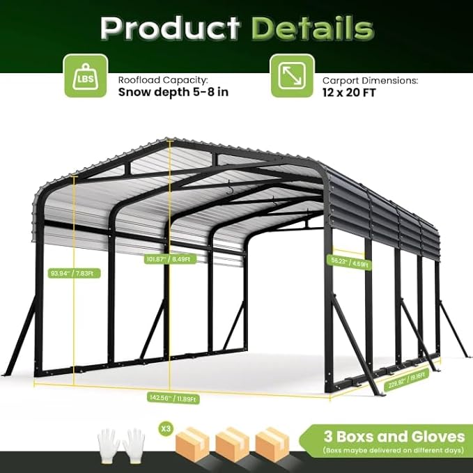 12x20FT Metal Carport, Heavy Duty Car Garage w/Reinforced Support Rods and Windproof Ground Anchors, All-Weather Multi-Use Outdoor Shelter for Car, Boats and Truck