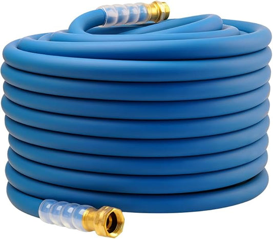 Heavy Duty Premium Garden Hose 125ft x 5/8, 300PSI Working, 1000PSI Burst, Hybrid Rubber Water Hose with Transparent Swivel Handle - Hot/Cold Water - Five Layered Braiding with Brass fittings (Blue)
