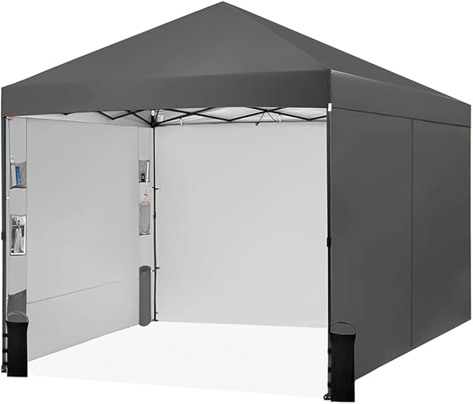 10X10 Comercial Pop Up Canopy Tent with 4 Sidewalls and 6 Pockets, One Push Setup Center Lock, for Beach Patio Outdoor, Case, 8 Stakes, 4 Ropes, 4 Sandbags (Charcoal Grey)