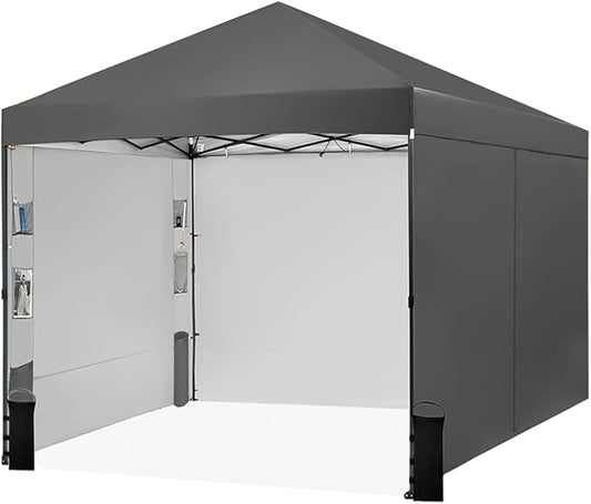 10X10 Comercial Pop Up Canopy Tent with 4 Sidewalls and 6 Pockets, One Push Setup Center Lock, for Beach Patio Outdoor, Case, 8 Stakes, 4 Ropes, 4 Sandbags (Charcoal Grey)