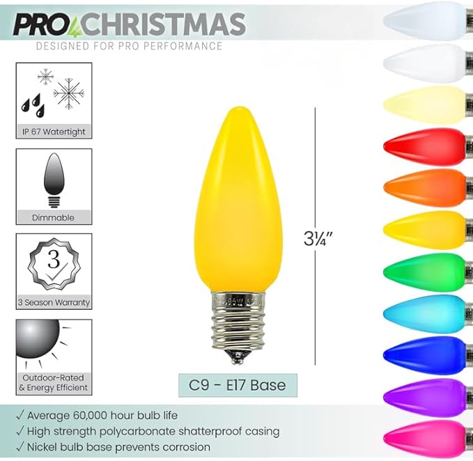 Pro Christmas SMD C9 LED Retrofit Bulb - Pro Pack of 25 Bulbs - Dimmable Energy Efficient Outdoor Waterproof Lighting for Holiday Decor, Christmas Trees - Frosted Smooth - Yellow