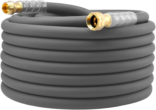 Heavy Duty Premium Garden Hose 90ft x 5/8, 300PSI Working, 1000PSI Burst, Hybrid Rubber Water Hose with Transparent Swivel Handle - Hot/Cold Water - Five Layered Braiding with Brass fittings (Grey)