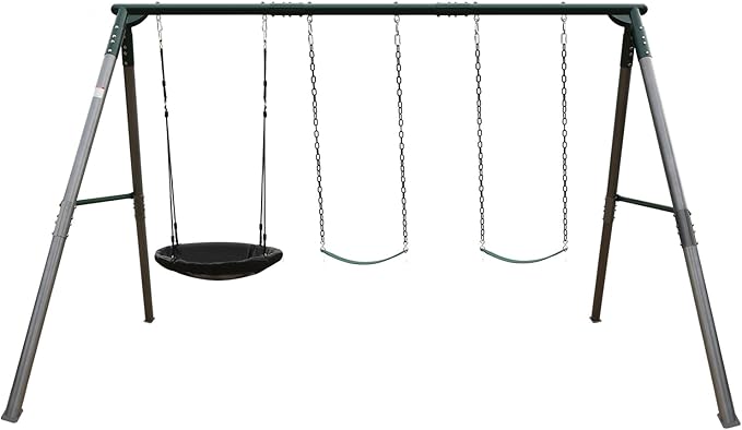 700 lbs Swing Set Outdoor for Kids with Saucer Swing and Belt Swing, Metal Swingset with 3 Frame Stand and Adjustable Rope, Heavy Duty 8FT Sets for Backyard Playground, Ages 3+