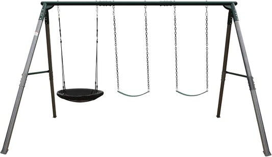 700 lbs Swing Set Outdoor for Kids with Saucer Swing and Belt Swing, Metal Swingset with 3 Frame Stand and Adjustable Rope, Heavy Duty 8FT Sets for Backyard Playground, Ages 3+