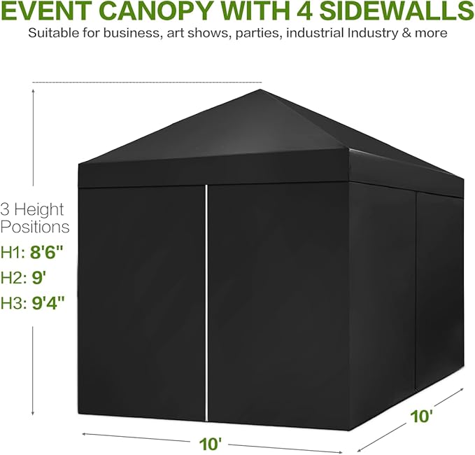 10X10 Comercial Pop Up Canopy Tent with 4 Sidewalls and 6 Pockets, One Push Setup Center Lock, for Beach Patio Outdoor, Case, 8 Stakes, 4 Ropes, 4 Sandbags (Pitch Black)