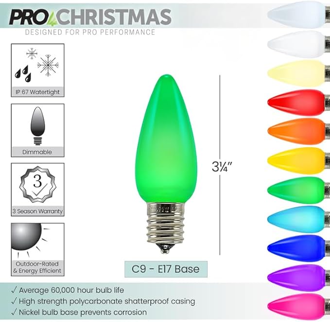 Pro Christmas SMD C9 LED Retrofit Bulb - Pro Pack of 25 Bulbs - Dimmable Energy Efficient Outdoor Waterproof Lighting for Holiday Decor, Christmas Trees - Frosted Smooth - Green
