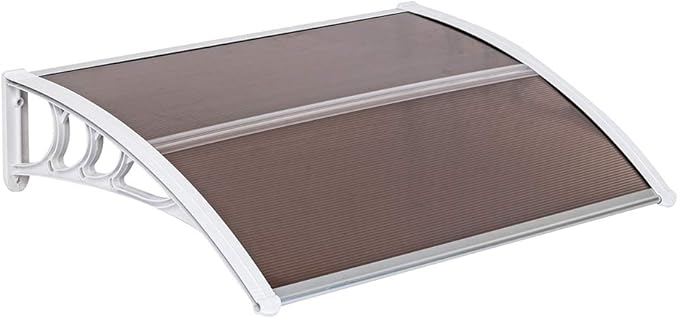 Window Awning Door Canopy Exterior- 32" x 40" Aluminum Door Awning, Polycarbonate Cover Patio Canopy Awning for House, Outside, Rain Snow & UV Resistant (Brown Board & White Bracket)