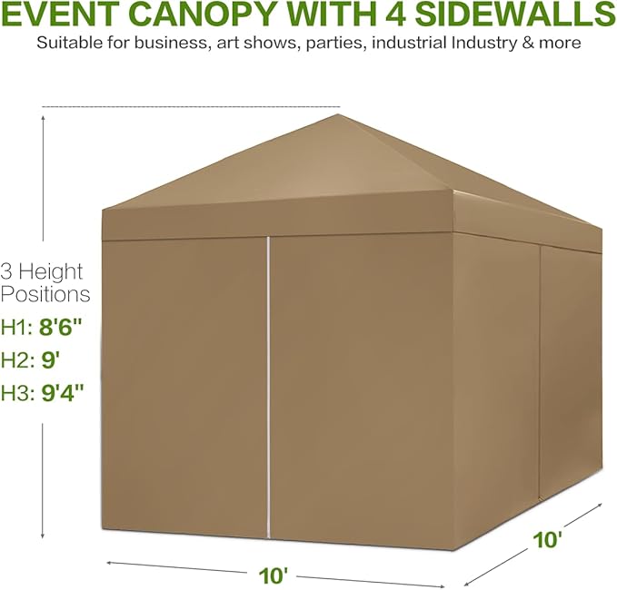 10X10 Comercial Pop Up Canopy Tent with 4 Sidewalls and 6 Pockets, One Push Setup Center Lock, for Beach Patio Outdoor, Case, 8 Stakes, 4 Ropes, 4 Sandbags (Dun Khaki)