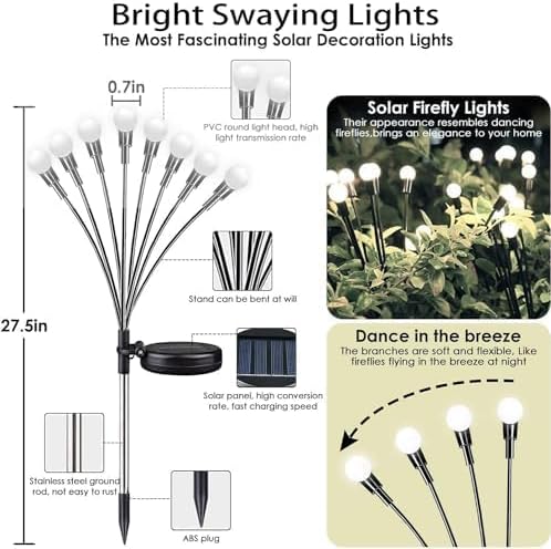 OZS 10 Pack Total 80 LED Solar Firefly Lights Fairy Outdoor - Solar Garden Lights Outdoor, Sway by Wind, Waterproof for Garden Patio Pathway Fairy Decoration (Cold White)