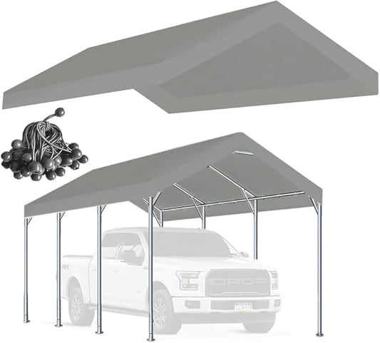 Rutile 10 x 20 FT Carport Replacement Cover, Heavy Duty Car Tarp Canopy Tent Replacement Top w/Ball Bungees Gray (Only Top Cover, Frame is not Included)