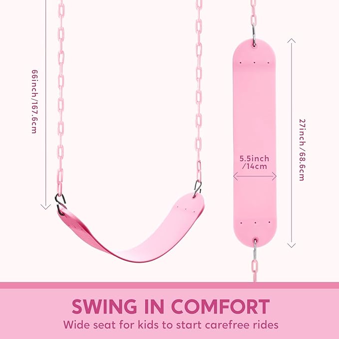 TURFEE Heavy Duty Swing Seat Pink Color with 66¡± Chain, Swing Set Accessories Replacement with Snap Hooks for Kids Outdoor Play Playground