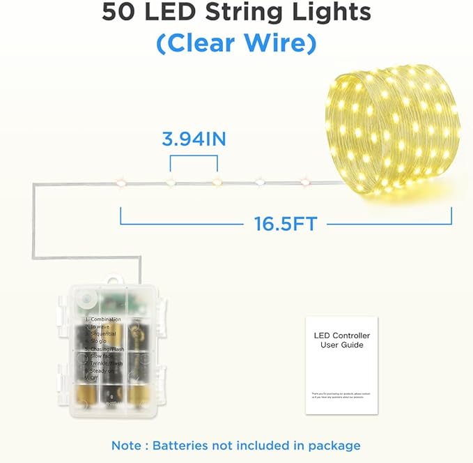 Battery Operated String Lights (2 Pack), 16.5ft 50 LED Twinkle Fairy String Lights Battery Powered with Auto Timer for Indoor Outdoor Christmas Trees Wreath Decoration Party Bedroom Garden Warm White