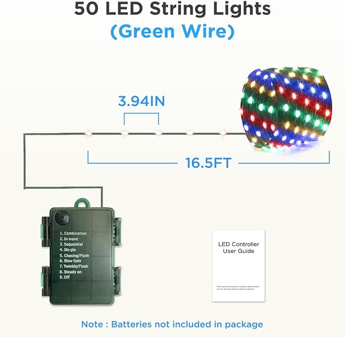 16.5ft Battery Operated String Lights, 50 LED Twinkle Fairy String Lights Battery Powered with Timer for Indoor Outdoor Christmas Trees Wreath Decoration Party Bedroom - Multicolor