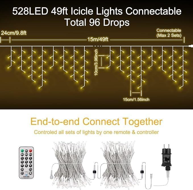49.2FT icicle string lights for outdoor 528 LED 11 Modes Christmas Decorations Curtain Fairy String Lights with 64 Drops Remote Control for Wedding Party Holiday Decor (Warm White and Cool White)
