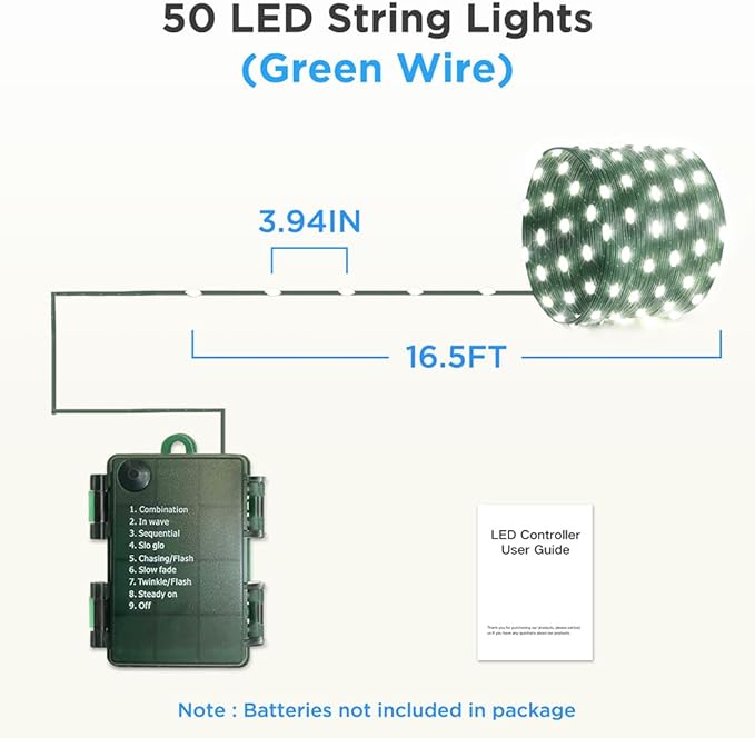16.5ft Battery Operated String Lights(1 Pack), 50 LED Twinkle Fairy String Lights Battery Powered with Timer for Indoor Outdoor Christmas Trees Wreath Decoration Party Bedroom - Cool White