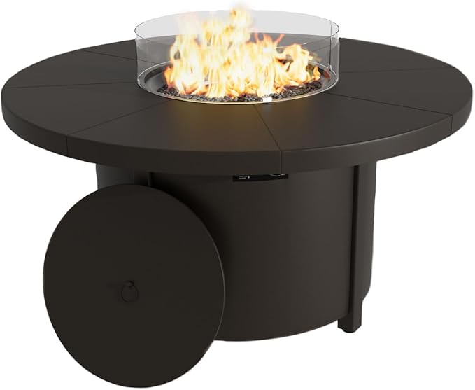48 Round Propane Fire Pit,Steel Tabletop Fire Pit w Lava Rocks,55000 BTU Auto-Ignition Gas Fire Pits with Lid & Windproof Glass for Outdoor,Patio,Backyard