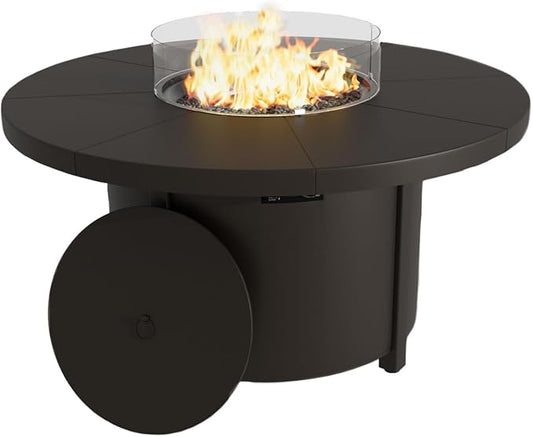 48 Round Propane Fire Pit,Steel Tabletop Fire Pit w Lava Rocks,55000 BTU Auto-Ignition Gas Fire Pits with Lid & Windproof Glass for Outdoor,Patio,Backyard