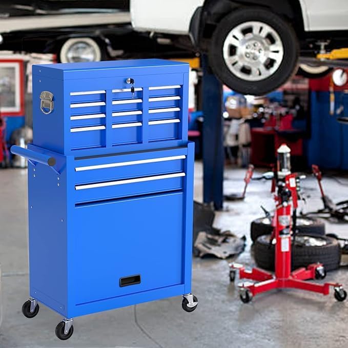 8-Drawer Tool Box with Wheels, Rolling Tool Storage Cabinet with Detachable Top Tool Chest and Locking Mechanism, Metal Tool Cart for Garage Workshop and Room Use (Blue)