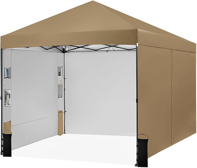 10X10 Comercial Pop Up Canopy Tent with 4 Sidewalls and 6 Pockets, One Push Setup Center Lock, for Beach Patio Outdoor, Case, 8 Stakes, 4 Ropes, 4 Sandbags (Dun Khaki)