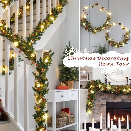 Christmas Garland with String Lights 10 Ft 30 LED Pine Cone Red Berry Bells Garland Lights, Indoor Christmas Decorations for Home and Fireplace Mantel Decor