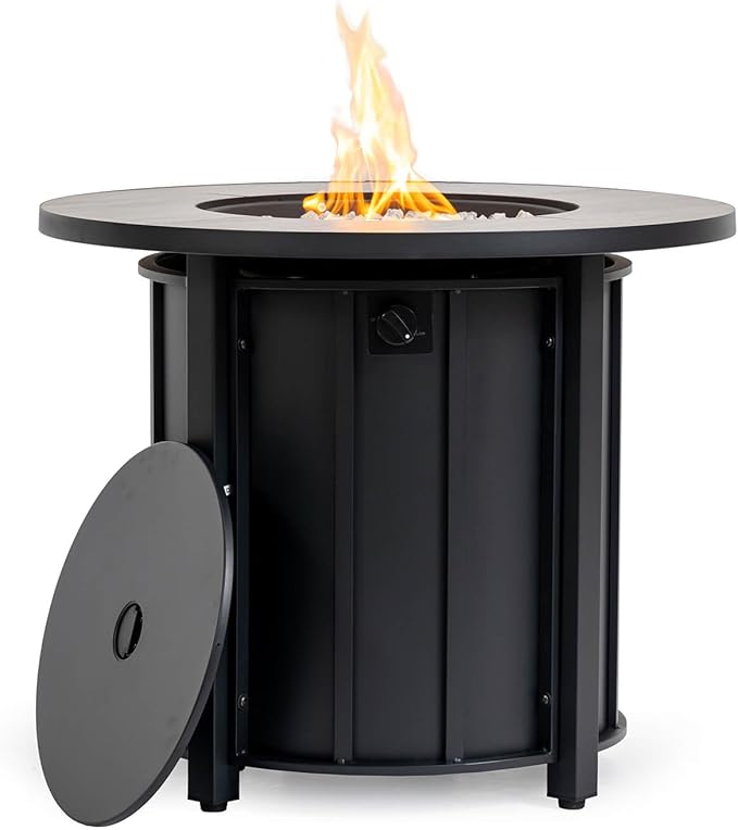 30'' Marble Ceramic Round Gas Fire Pit, 50,000 BTU Outdoor Fire Tables, Fire Table with Lid, Add Warmth & Ambience to Gatherings and Parties On Patio Deck Garden Backyard, White Glass Stone.