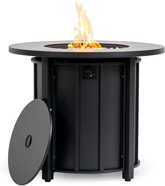 30'' Marble Ceramic Round Gas Fire Pit, 50,000 BTU Outdoor Fire Tables, Fire Table with Lid, Add Warmth & Ambience to Gatherings and Parties On Patio Deck Garden Backyard, White Glass Stone.