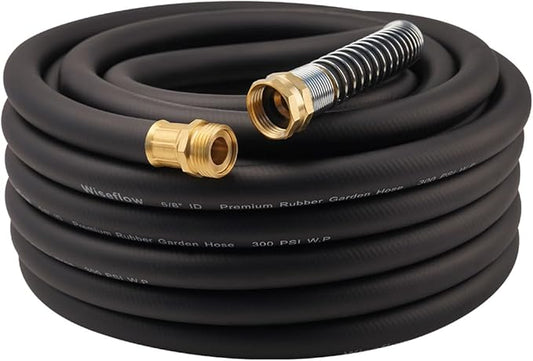 WiseFlow Garden Hose 50FT x 5/8, Heavy Duty Rubber Hose, Water Hose with Five Layered Braiding, Male Female Fittings, 1000PSI Burst, 300PSI Working (Black)