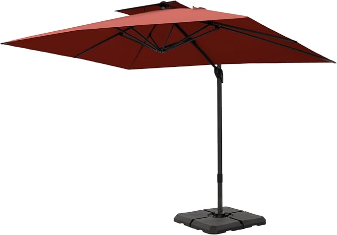 PHI VILLA 9' X 12' Cantilever Patio Umbrella with Base, Outdoor Large Rectangular Umbrellas with 360°Rotation, Heavy Duty Hydraulic Double Umbrella Windproof for Outside, Red