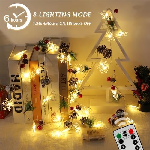 Christmas Garland with String Lights 10 Ft 30 LED Pine Cone Red Berry Bells Garland Lights, Indoor Christmas Decorations for Home and Fireplace Mantel Decor
