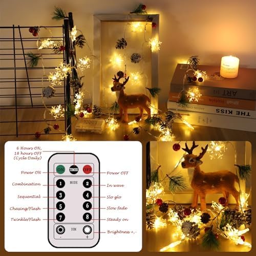 Christmas Garland with String Lights 10 Ft 30 LED Pine Cone Red Berry Bells Garland Lights, Indoor Christmas Decorations for Home and Fireplace Mantel Decor