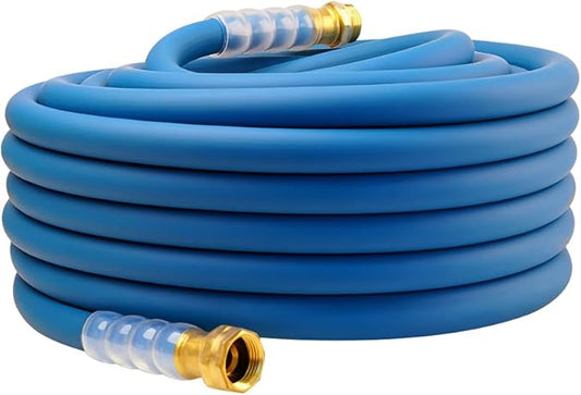 Heavy Duty Premium Garden Hose 75ft x 5/8, 300PSI Working, 1000PSI Burst, Hybrid Rubber Water Hose with Transparent Swivel Handle - Hot/Cold Water - Five Layered Braiding with Brass fittings (Blue)