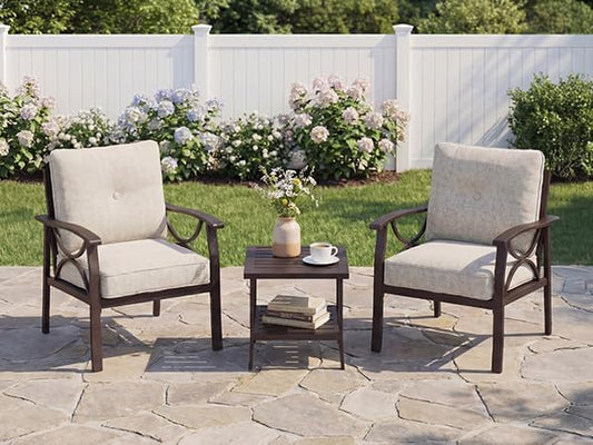 Outdoor Patio Furniture Set, 3 Pieces Metal Patio Conversation Set with Side Table for Garden Porch Backyard, Khaki