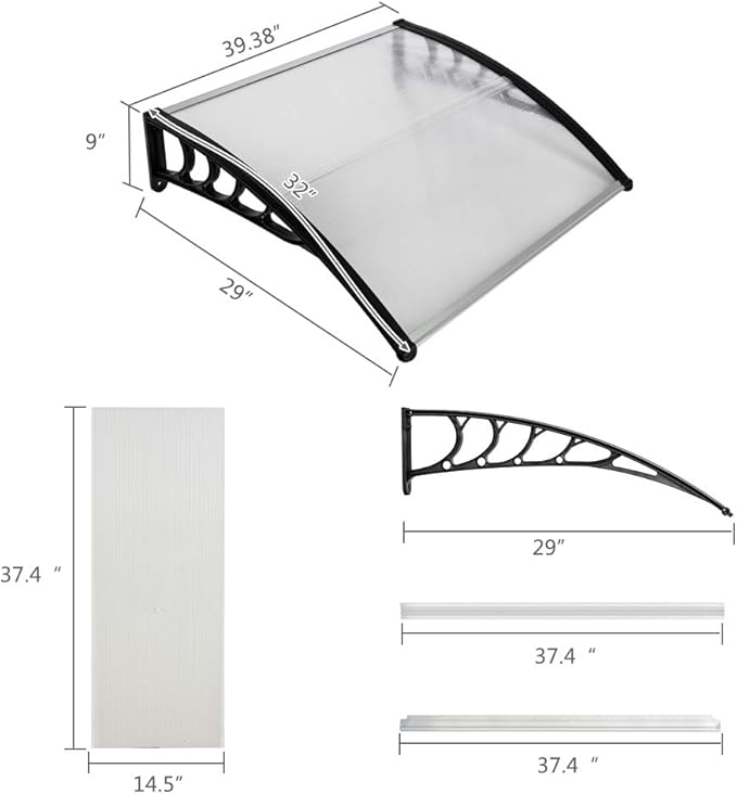 Window Awning Door Canopy Exterior- 32" x 40" Aluminum Door Awning, Polycarbonate Cover Patio Canopy Awning for House, Outside, Rain Snow & UV Resistant (Clear Board & Black Bracket)