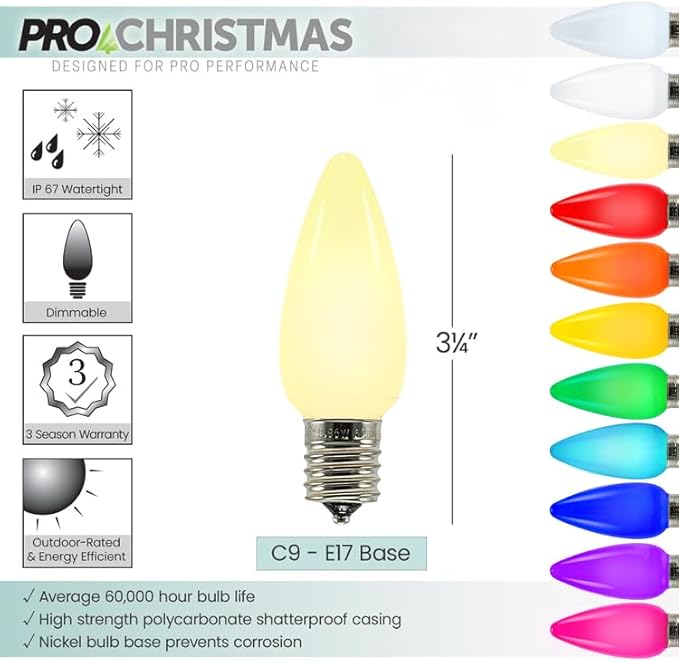 Pro Christmas SMD C9 LED Retrofit Bulb - Pro Pack of 25 Bulbs - Dimmable Energy Efficient Outdoor Waterproof Lighting for Holiday Decor, Christmas Trees - Frosted Smooth - Sun Warm White