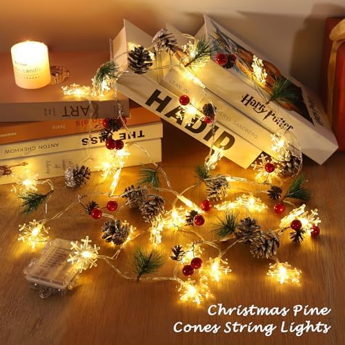 Christmas Garland with String Lights 10 Ft 30 LED Pine Cone Red Berry Bells Garland Lights, Indoor Christmas Decorations for Home and Fireplace Mantel Decor