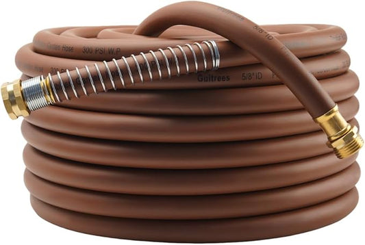 Garden Hose 90FT x 5/8, Heavy Duty Rubber Hose, Water Hose with Five Layered Braiding, Male to Female Fittings, 1000PSI Burst, 300PSI Working (Brown)