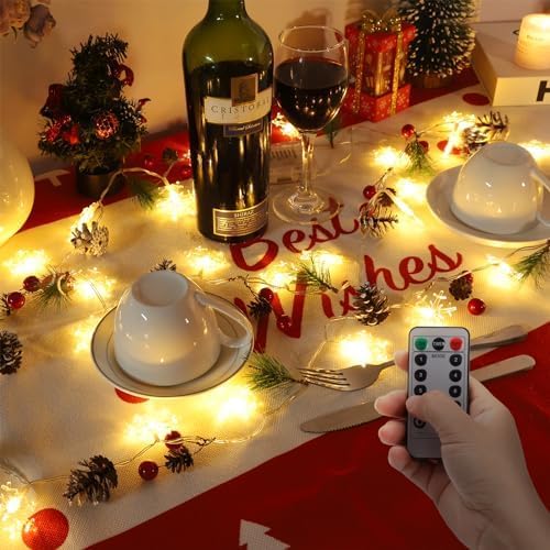Christmas Garland with String Lights 10 Ft 30 LED Pine Cone Red Berry Bells Garland Lights, Indoor Christmas Decorations for Home and Fireplace Mantel Decor