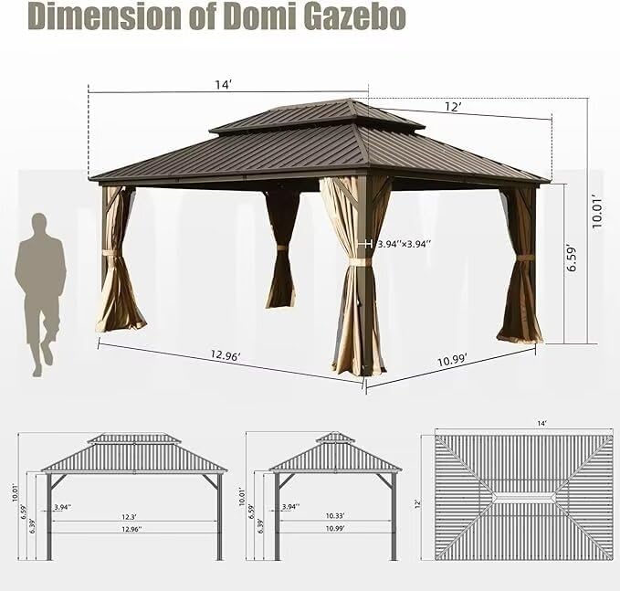 Domi 12'x14' Hardtop Gazebo Canopy Metal,Outdoor Metal Gazebo with Galvanized Steel Double Roof,Curtain and Netting,Permanent Gazebo Pavilion for Patio Deck,Backyard