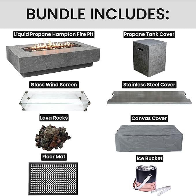 Elementi Hampton Fire Pit Bundle Outdoor Firepit Set Includes 56¡± Propane Concrete Firepit Table, Glass Windscreen, Stainless Steel Cover, Tank Cover, Canvas Cover, Floor Mat, Ice Bucket